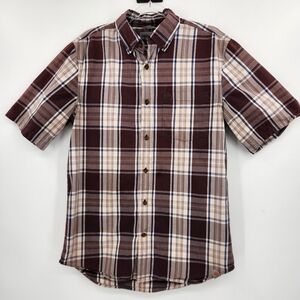 Carhartt Short Sleeve Button Front Shirt Mens Size XL Tan Plaid Relaxed Fit